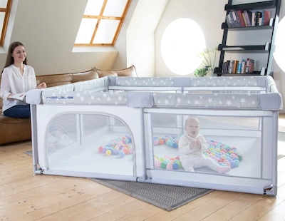 ANGELBLISS Baby Playpen has mesh walls for visibility and breathability and it's ultra large so you could turn it into a ball pit when your baby gets older